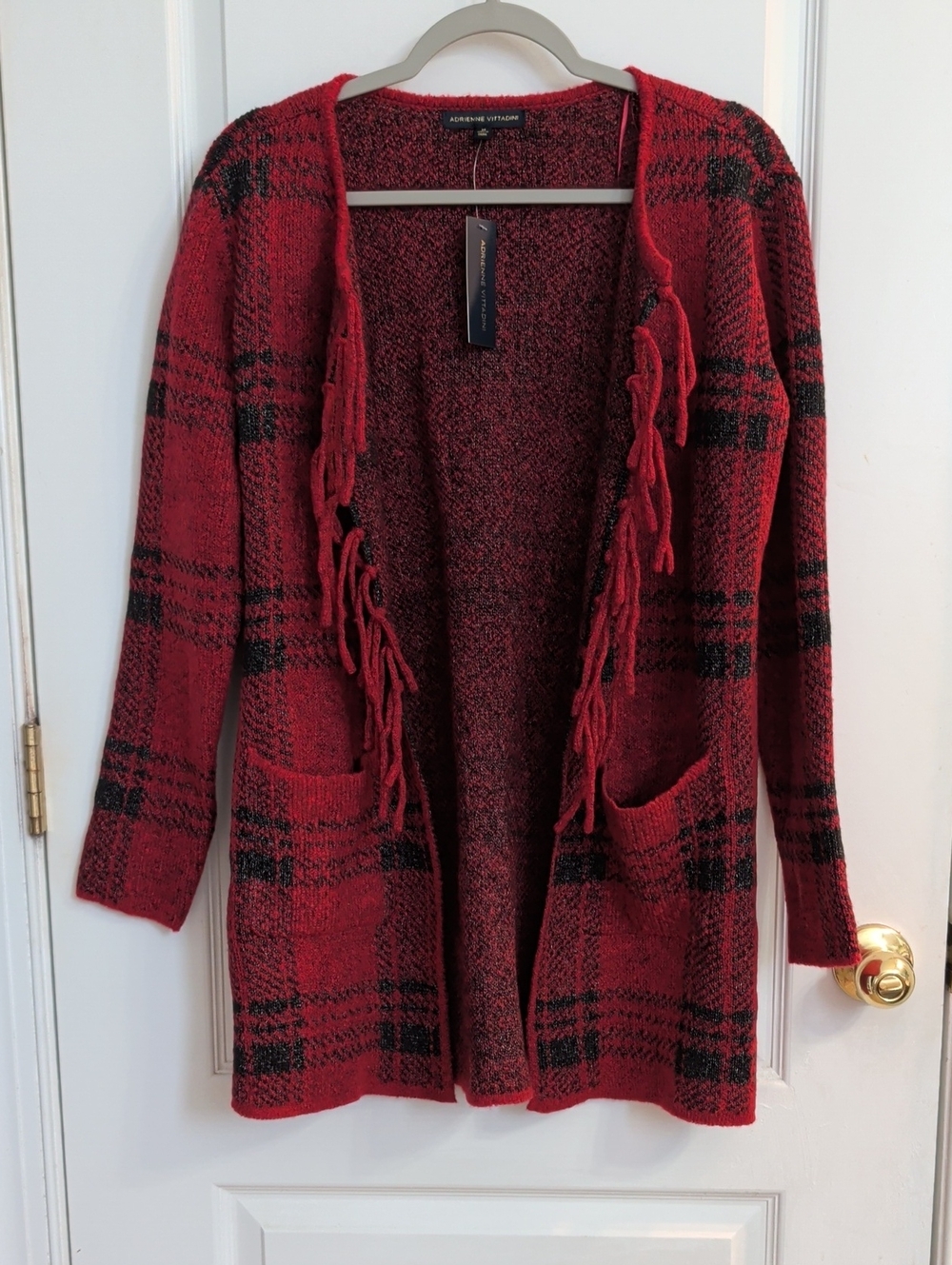 Adrienne Vittadini Red and Black Plaid Fringe Open-Front Cardigan Grandma NWT